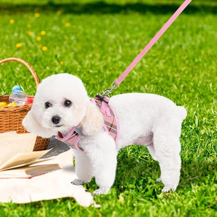 EXPAWLORER Classic Plaid Puppy Harness - Large Dog Collar and Leash - Soft Mesh Padded Adjustable Dog Vest Harness No Pull, Reflective Escape Proof for Outdoor Walking, Pink Large