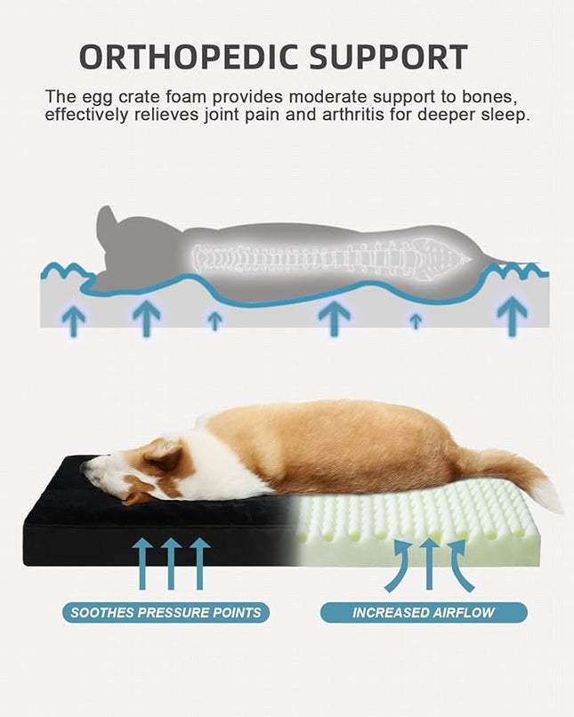 KSIIA Orthopedic Dog Bed Crate Waterproof Pet Mats for Small Dogs Deluxe Plush Washable Pet Bed with Egg Crate Foam & Removable Cover, 23 x 17 Inch, Black