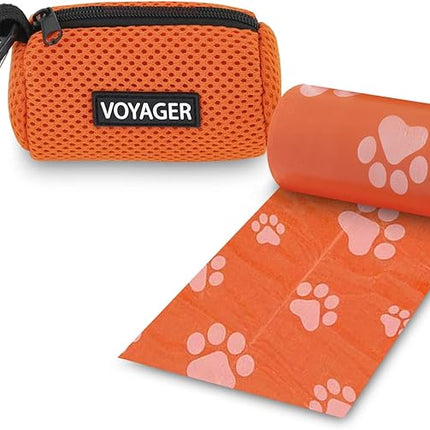 Best Pet Supplies Dog Poop Bag Holder Leash Attachment with 15 Bags, Orange, Reusable Mesh Dispenser Pouch for Travel, Walking, Park, and Outdoor Use, Soft and Durable with Clip-On