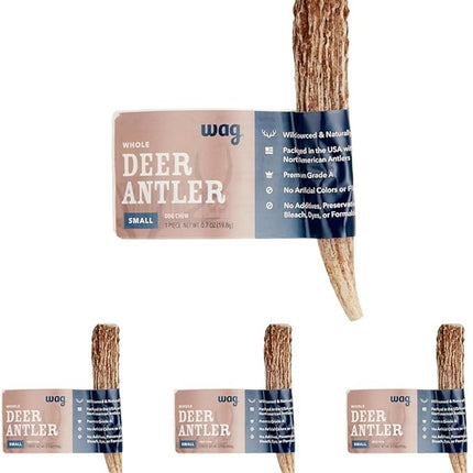 Amazon Brand – Wag Dog Deer Antler Chew, Naturally Shed. Whole, Small (Best for Dogs Under 15 lbs) 4–5.5 inches (Pack of 4)