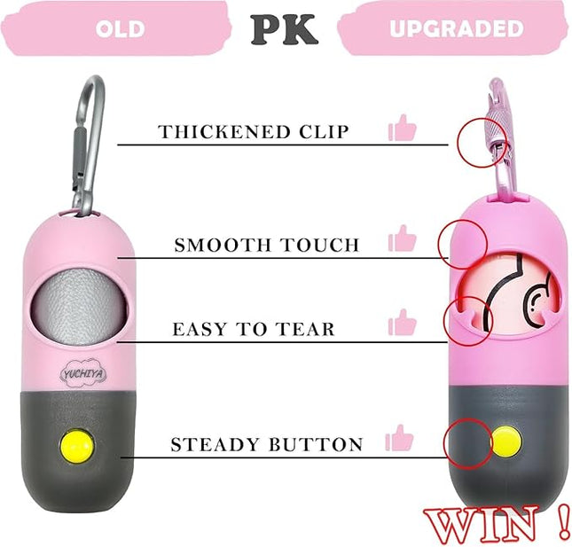 Dog Poop Bags Holder with LED Flashlight|Pet Waste Bags Dispenser for Leash|Doggie Potty Bags Container with Leak-proof Pet Trash Bags and Accessories (1 Holder 195 Bags, Pink)