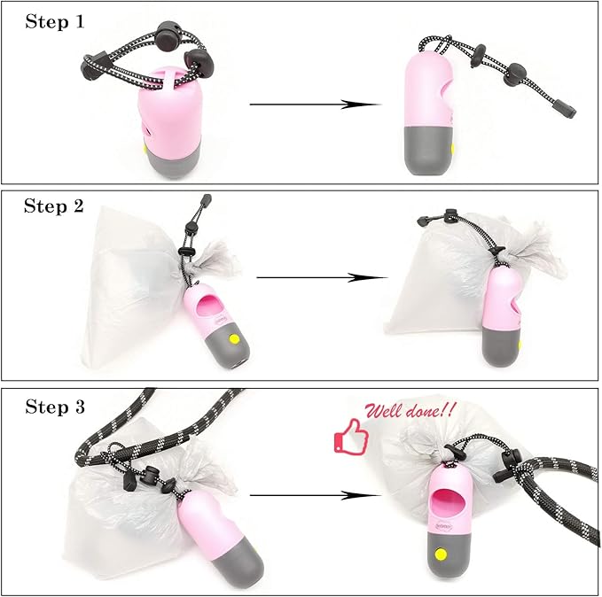 Dog Poop Bags Holder with LED Flashlight|Pet Waste Bags Dispenser for Leash|Doggie Potty Bags Container with Leak-proof Pet Trash Bags and Accessories (1 Holder 15 Bags, Pink)