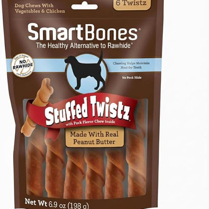 SmartBones Stuffed Twistz with Peanut Butter, Rawhide-Free Chews for Dogs Stuffed with Pork Flavor, 6 Twistz