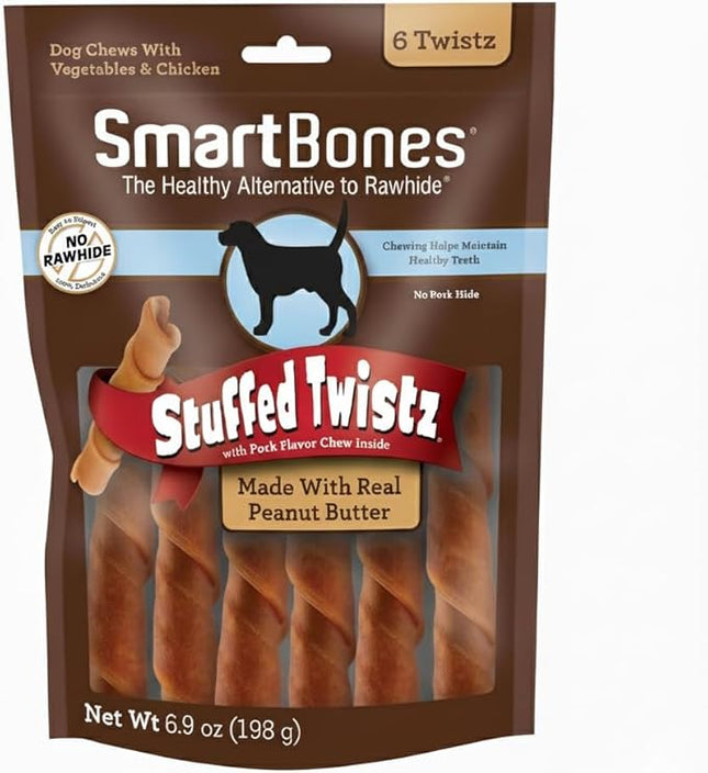 SmartBones Stuffed Twistz with Peanut Butter, Rawhide-Free Chews for Dogs Stuffed with Pork Flavor, 6 Twistz