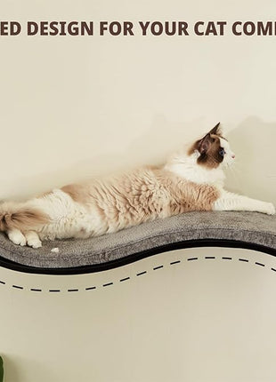 Cat Shelf with Comfortable Cushion - Wave Modern Cat Bed - Minimalistic Floating Wall Perch - Wooden Wall Mounted Cats Furniture for Sleeping, Playing, Climbing, and Lounging, Walnut