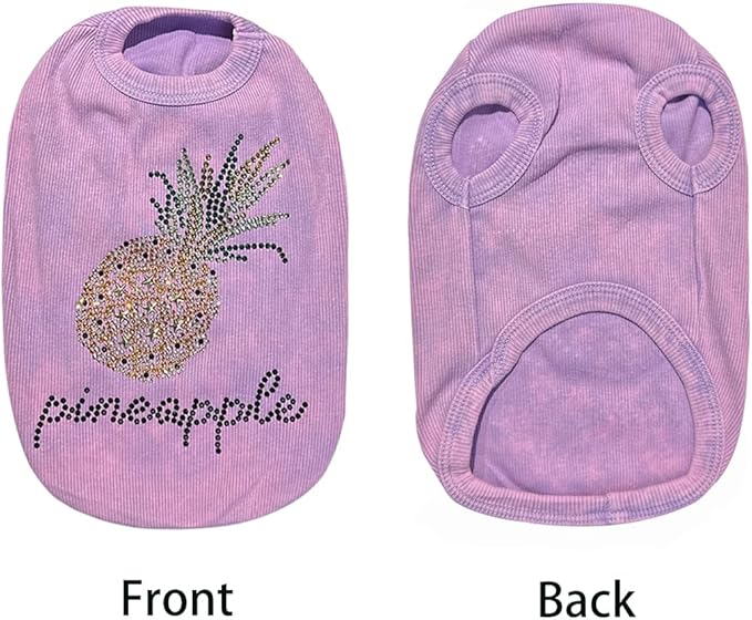 Washed Cotton Pet Vest with Rhinestone Fruit Designs, Soft & Stylish Small Dog Cat Vest for Spring Summer, Breathable & Shiny (Purple-Pineapple, Medium)