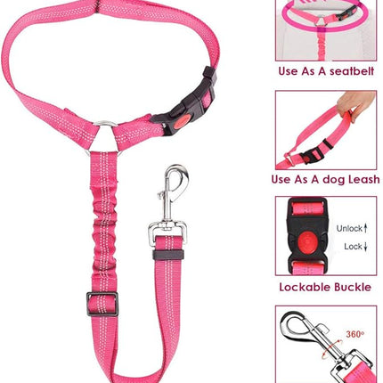 Lukovee Dog Car Seat Belt, 2 Pack Headrest Restraint Seatbelt, Adjustable Pet Safety Leads with Reflective Elastic Bungee for Dog Harness Collar Travel Daily Use (Fluorescent Pink,Headrest)