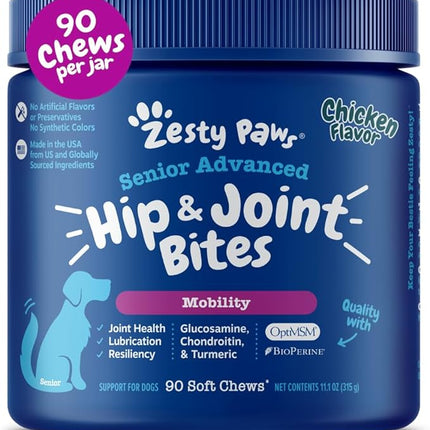 Zesty Paws Mobility Bites Joint Supplement for Dogs - Soft Chews with Glucosamine for Dogs, Chondroitin, & MSM + Vitamins C and E - Adv Chicken - 90 Count