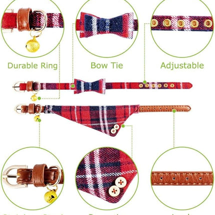 EXPAWLORER Dog Collar and Leash Set - Classic Plaid Dog Bow Tie and Dog Bandana Collar with Bell, Dog Leash Tangle Free, Adjustable Collars for Small Medium Large Dogs Cats, Holiday Ideal Gift