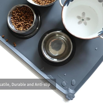 Hoki Found Large Silicone Pet Feeding Tray - Waterproof Dog Pet Cat Feeding Mat - Non Slip Pet Dog Cat Food Bowl Mats Placemat -Pet Water Mats for Carpet -Gray