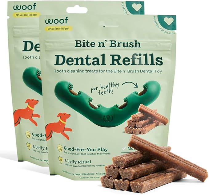 WOOF - Bite n' Brush Refills for The Dog Toothbrush Toy - Scrub Plaque and Tartar from Your Dog's Teeth and Mouth - Dog Dental Chew Toy Treats - Approximately 16 Refills - 2 Pack
