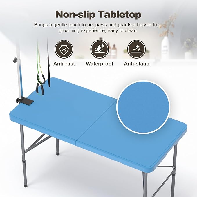ynhurenth 49'' Pet Grooming Table for Large Dogs, Foldable Professional Grooming Table for Dogs at Home with Double Loops/Adjustable Arm, Capacity up to 330lbs, Blue