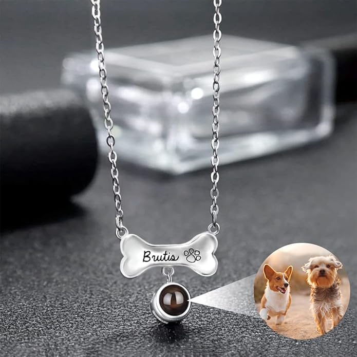 Custom Pet Necklace With Dog Bone Photo Projection Pendant 925 Sterling Silver Personalized Name and Dog Picture Necklace With Paw Print Pet Memorial Jewelry Gifts For Women Mother Wife