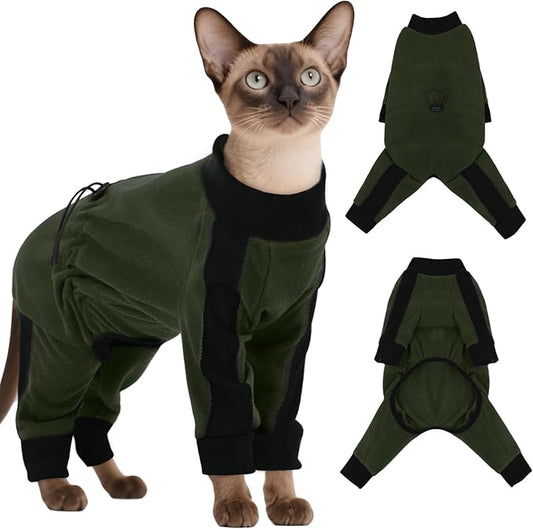 DENTRUN Cat Clothes with Anti-Shedding Fabric - Soft Recovery Suit & Breathable Lint-Resistant Cat Sweater for Wound Care & Hair Control, Kitten Onesie Pajamas, S, Army Green