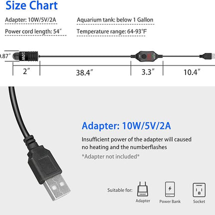 Adjustable Mini Aquarium Heater 0.5/1/2/3 Gallon Submersible Small Fish Tank Heater 10W/20W/30W Digital Display Thermostat External Temperature Controller