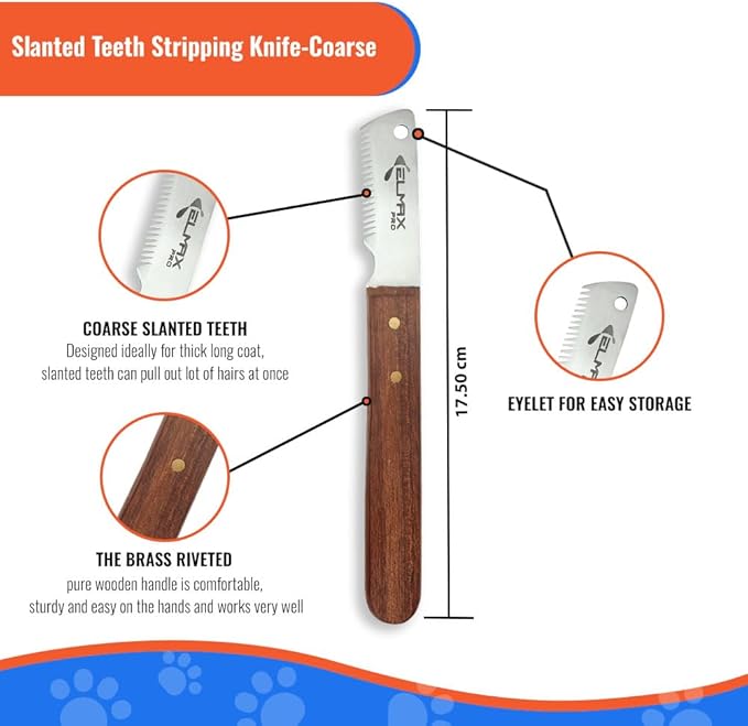 Professional Slant Tooth Stripping Knife for dogs (Pack of 4) Stainless Steel Blades & Rosewood Handle, Efficient Undercoat Removal, Hand Stripping Tools for dog grooming (Right-Handed)