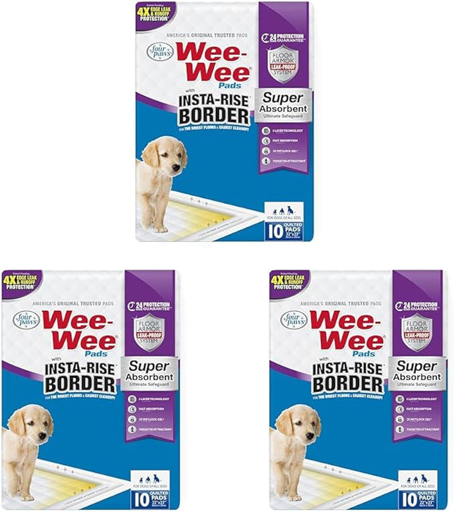 Four Paws Wee-Wee Super Absorbent Unscented Pee Pads for Dogs & Puppies with Insta-Rise Border, Leak-Proof Dog Housebreaking Potty Training Floor Protection, 22" x 23", 10 Count (Pack of 3)