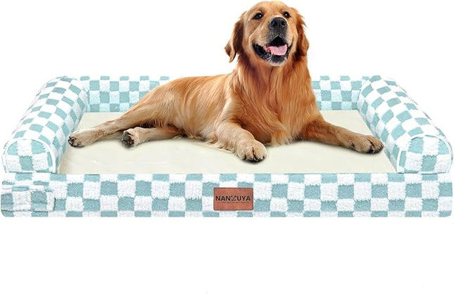 Large Dog Bed Orthopedic Washable: Beds Bolster XL Bed Big XLarge Dogs Egg Crate Foam Couch Sofa Waterproof with Removable Cover - Green Grid