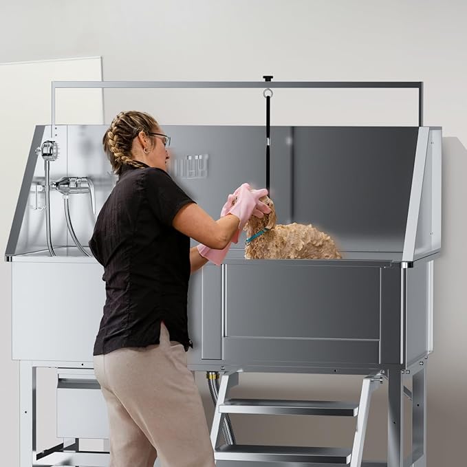 46" Dog Washing Station for Home,Stainless Steel Professional Dog Bathing Station Height Adjustable D og Grooming Tub Ramp, Drawer, Floor Grate & Fauct (R Stair)