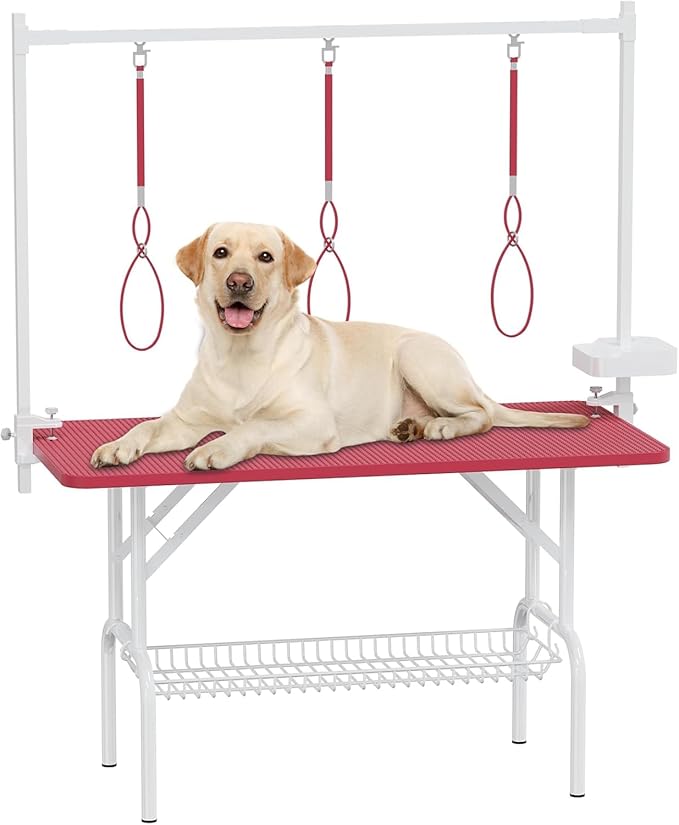 47'' Dog Grooming Table with Adjustable Arm, Foldable Pet Grooming Table for Dogs at Home, Large Grooming Station with Mesh Tray & ABS Tool Holder, Non-Slip Waterproof Surface, Capacity up to 330lbs