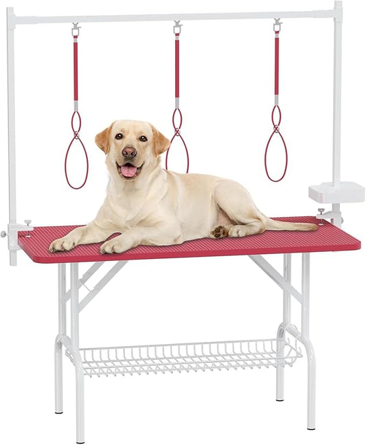 47'' Dog Grooming Table with Adjustable Arm, Foldable Pet Grooming Table for Dogs at Home, Large Grooming Station with Mesh Tray & ABS Tool Holder, Non-Slip Waterproof Surface, Capacity up to 330lbs