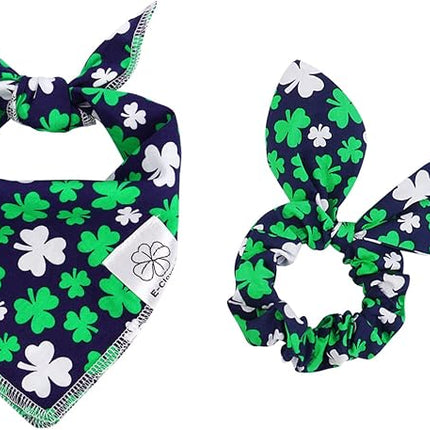 E-Clover Dog Bandana Boy & Matching Scrunchie Set Shamrock Lucky Dog Bandanas Scarf with Bow Hair Ties for Small Puppy Dogs Pet Owner Mom Green Blue