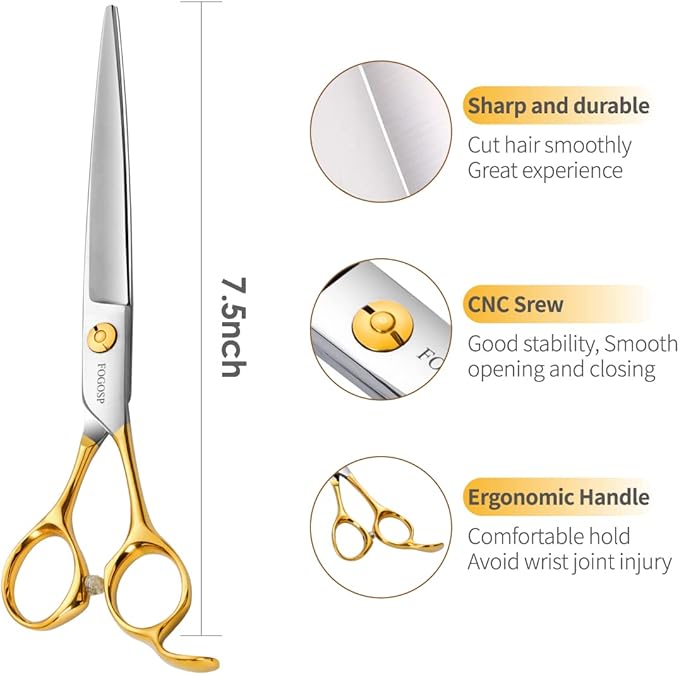 Professional Dog Grooming Scissors Straight 7.5" Pet Grooming Shears for Cutting Small Dogs Cat Thick Hair Japan 440C Stainless Steel Right Handed(7.5in Straight, Gold)