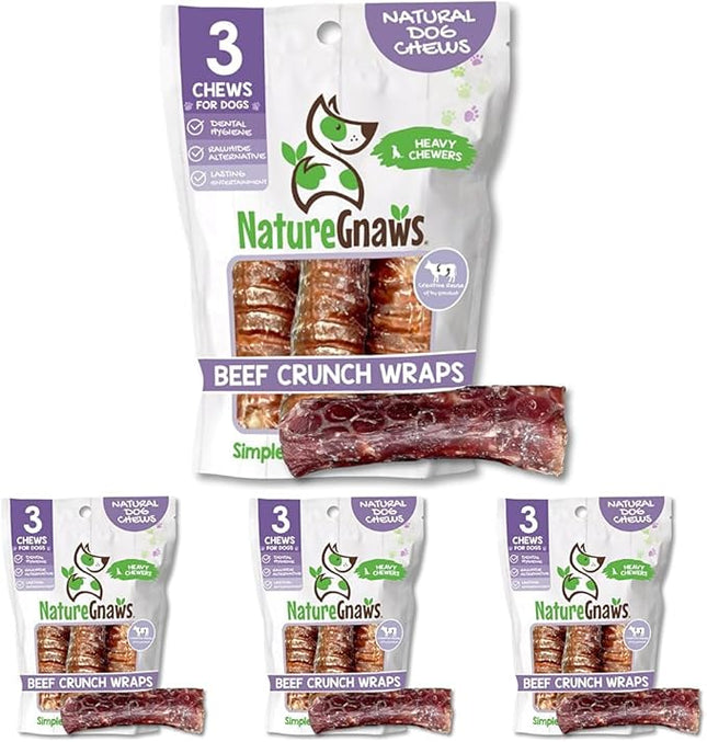 Nature Gnaws Beef Trachea Crunch Wraps for Dogs, 3 Count, Pack of 4 | Long Lasting | Natural Beef Jerky | Rawhide Free | Dog Chew Bones