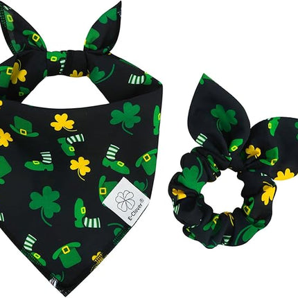 E-Clover Dog Bandana Boy & Matching Scrunchie-Shamrock Dog Bandanas Irish Pet Scarf Bib for Medium Large Dogs Girl Owner Gift Dark Green