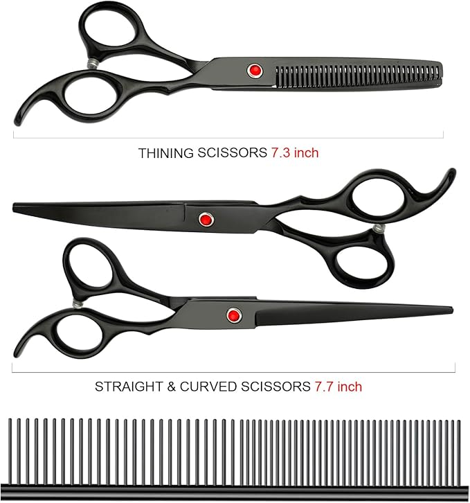 Professional Dog Grooming Scissors Set Stainless Steel Dog Grooming Kit - Thinning, Curved Scissors and Comb for Cat Pet (Black 5 in1)