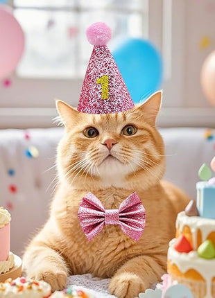 Cat Birthday Hat Girl Happy Birthday Decorations Outfit Banner Party Supplies Bow tie Collar Catnip Chew Biting Kick Toys for Cat Girl (Pink)