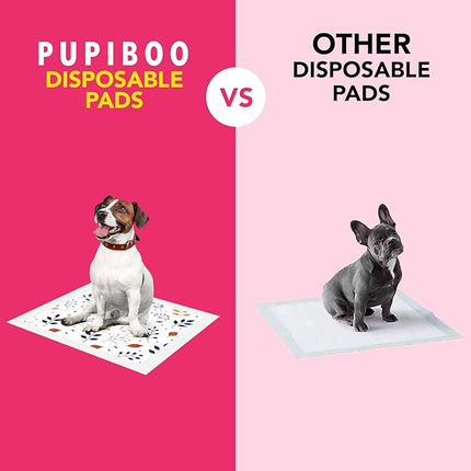 Pupiboo Disposable Dog and Cat Training Pads – Leaves Pattern, Highly Absorbent Pee Pads, Leak Proof Backing, Pheromonal Attractant for Housebreaking & Potty Training – 23x23 in (100 Count)