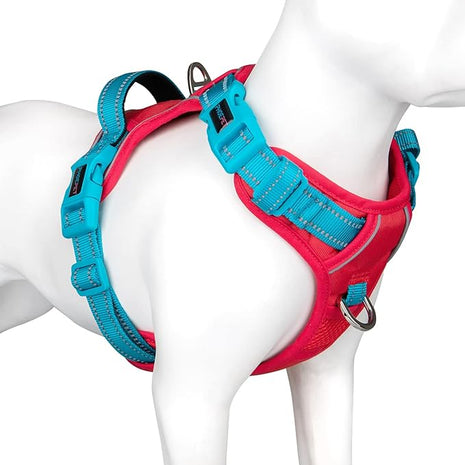 PHOEPET No Pull Dog Harness, Unique Colors Reflective Adjustable Dog Vest, with Soft Training Handle Metal Clips for Small Medium Large Dogs (Red Base & Teal Straps,L)