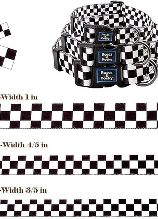 Roses&Poetry Dog Collar with Colourful Checkered Patterns, Adjustable Durable Puppy Collars for Small Medium Large Dogs (Black & White-S)