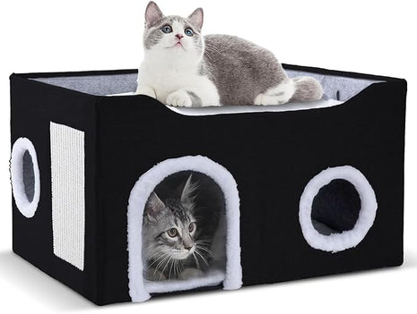 Cat House for Indoor Cats – Foldable Cat Cave & Covered Cat Bed, Cozy Hideaway for Small Pets and Large Cats (23.6"x16"x12.8"),Black