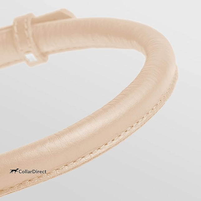 CollarDirect Rolled Leather Dog Collar, Soft Padded Round Puppy Collar, Handmade Genuine Leather Collar Dog Small Large Cat Collars 13 Colors (11-14 Inch, Beige Textured)
