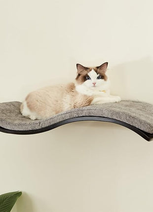 Cat Shelf with Comfortable Cushion - Wave Modern Cat Bed - Minimalistic Floating Wall Perch - Wooden Wall Mounted Cats Furniture for Sleeping, Playing, Climbing, and Lounging, Walnut