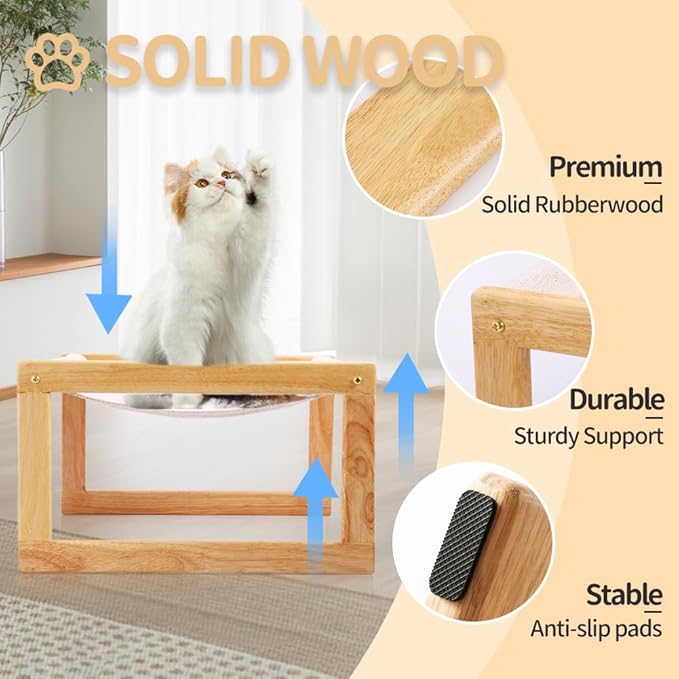 Cat Bed, Solid Wooden Pet Hammock, Soft and Breathable Fabrics, Cat Beds for Indoor Cats Washable, Dog Bed for Small Dogs (Solid Rubberwood, 21" L x 16.5" W x 10" H)