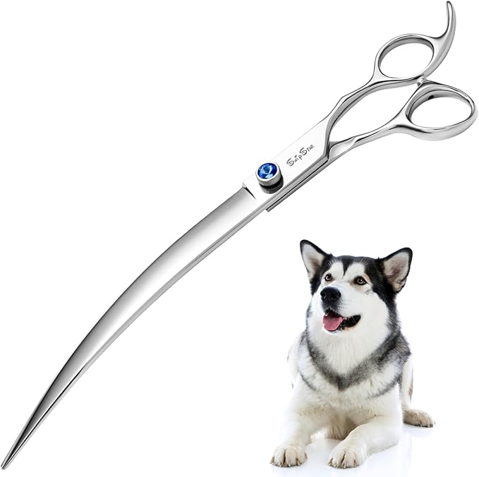 10inch Curved Dog Grooming Scissors Professional, Japanese VG10 Steel Sharp Dog Scissors for Grooming, 30 Degree Bend, with CNC Screw & Blunt Tip, Pet Trimming Shears for Dogs Cats Face and Paws