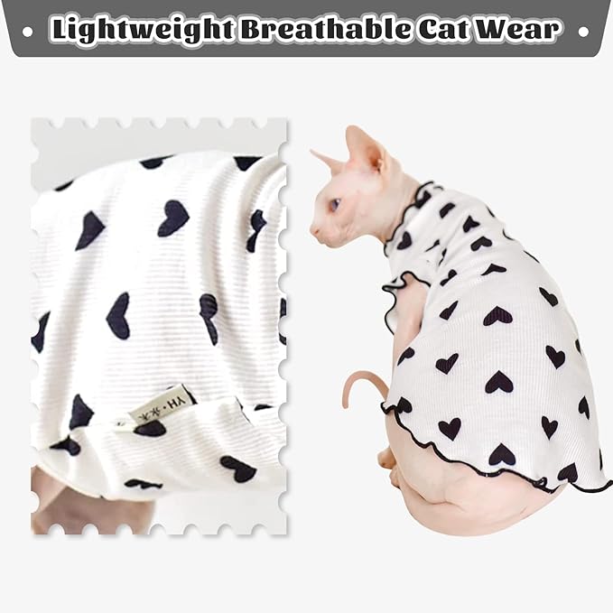 DENTRUN Heart Pattern Sphynx Hairless Cats Shirt, Kitten T-Shirts with Perlin Sleeves, Breathable Cat Wear Cute Sweater Adorable Hairless Cat's Clothes Vest Pajamas Jumpsuit