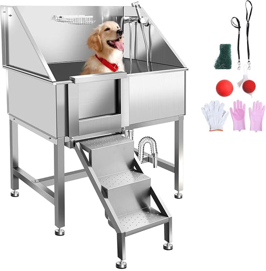 38" Professional Stainless Steel Dog Grooming Tub W/Soap Box, Faucet,Rich Accessory, Bathtub for Multiple Pets, Washing Sink for Home,L-Door