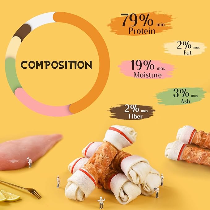 ASMPET Dog Treats Chews, 6.5" Chicken Wrapped Rawhide Knotted Bones Dental Care Chews for Small Medium Large Breeds（4 Pieces）