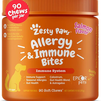 Zesty Paws Dog Allergy Relief Chews, Dog Probiotics for Itchy Skin and Ears, Salmon, 90ct