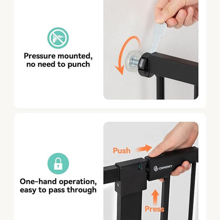 COMOMY 36" Extra Tall Baby Gate for Stairs Doorways, Fits Openings 29.5" to 46" Wide, Auto Close Extra Wide Dog Gate for House, Pressure Mounted Easy Walk Through Pet Gate with Door, Black