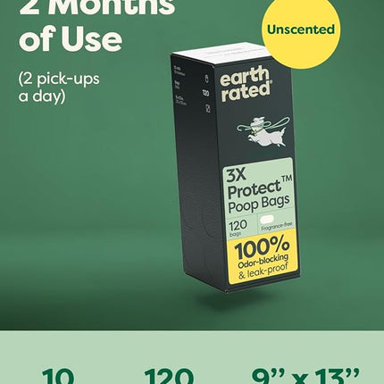 Earth Rated Odor-Blocking Poop Bags for Dogs with 3X Protect, Guaranteed to Block Smells & Leak-Proof Performance, Conceals Smell & Mess, Unscented, 120 Count