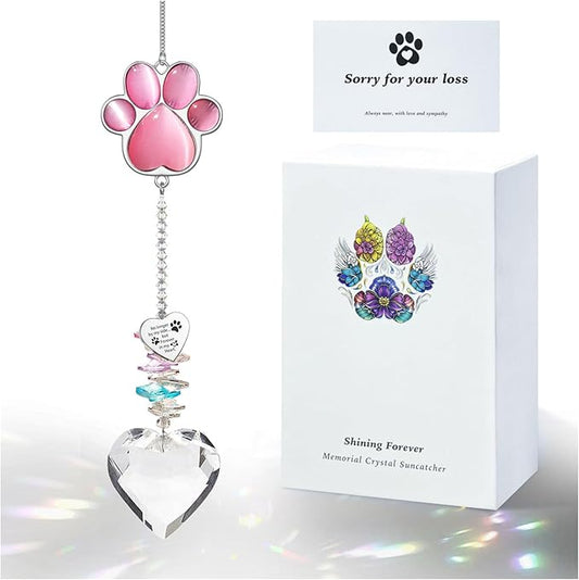 Pet Memorial Suncatcher - Dog Memorial Gifts, Pet Loss Sympathy, Thoughtful Dogs and Cats Bereavement Remembrance Gifts, Natural Cat's Eye Paw Crystal Suncatcher(Pink)