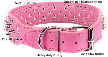 Hoot PU Leather Adjustable Spiked Studded Dog Collar 2" Wide 31 Spikes (S(Neck 17"-20"), Rose Red)