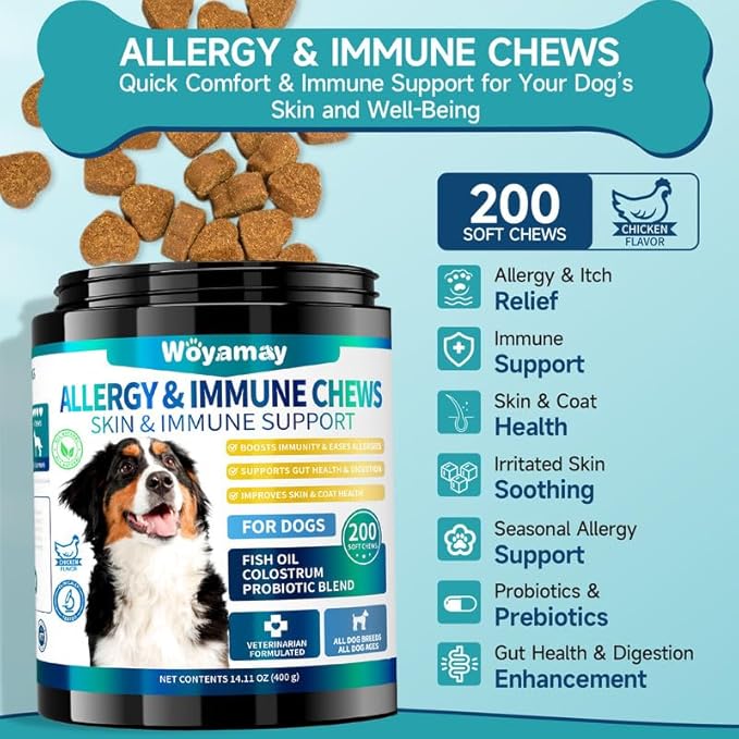 200 Dog Allergy Relief Chews for Dogs Itchy Skin Relief, Anti Itch for Dogs Ears & Paw Relief, Itchy Dog Skin Relief for Seasonal Allergy, Omega 3 Fish Oil, Turmeric & Colostrum Immune Support