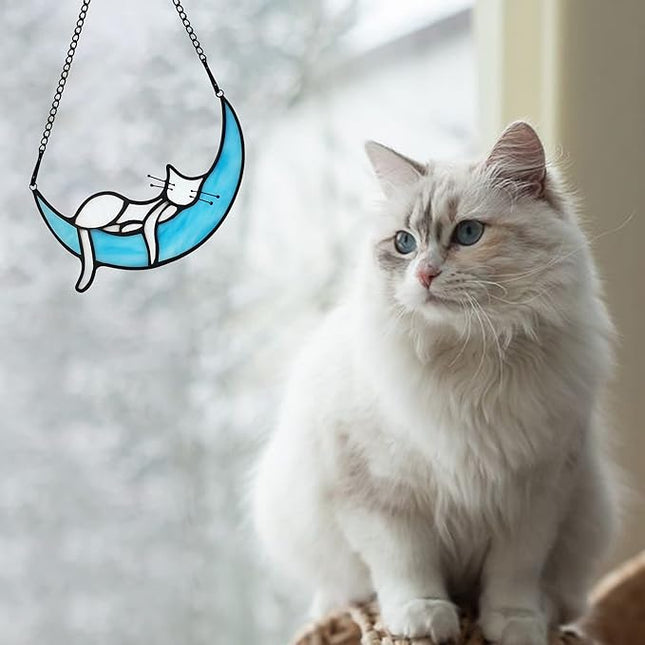 Sleeping White Cat on Moon Stained Glass Window Hangings,Cats Decor Cat Memorial Gifts for Cats Lovers,Suncatcher for Kitchen Bedroom Birthday Gift for Mom Grandma Aunt