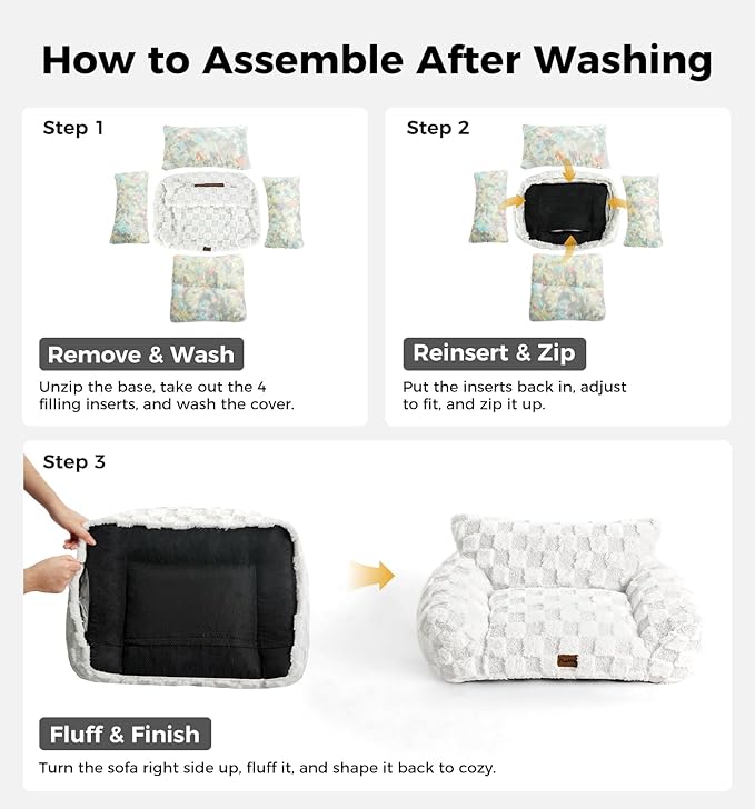 MADE 4 PETS Cat Beds for Indoor Cats, Cat Couch Bed, Soft Faux Fur Checkered Pet Sofa, Calming Fluffy Kitten Sofa with Supportive Foam, Removable Washable Cover with Non-Slip Base, White, Small